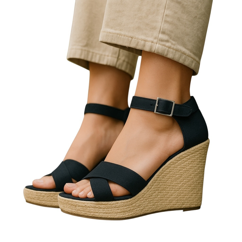 Toms Sienna Wedge Sandals Black Canvas Strappy Size 6.5